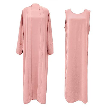 2PCS Women's Muslim Dresses Abaya Islamic Dubai Prayer Dress Robe Long Cardigan Maxi Dress - color: Pink, size: X-Large