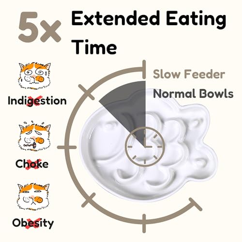 Ceramic Cat Slow Feeder Bowl - Shallow Whisker Friendly Cat Plate for Dry and Wet Food - Puzzle Feeder for Slow Eating - Helps Reduce Vomiting - Microwave & Dishwasher Safe -Non Slip(White,6.3''W) - color: White