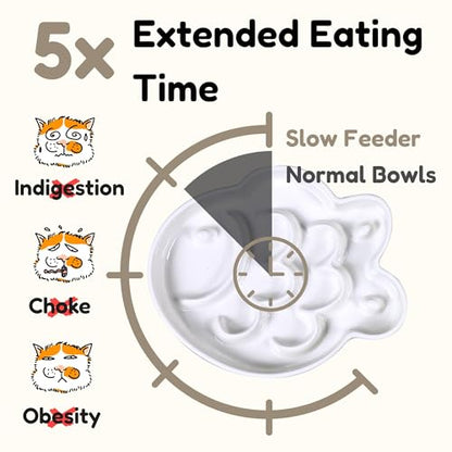 Ceramic Cat Slow Feeder Bowl - Shallow Whisker Friendly Cat Plate for Dry and Wet Food - Puzzle Feeder for Slow Eating - Helps Reduce Vomiting - Microwave & Dishwasher Safe -Non Slip(White,6.3''W) - color: White