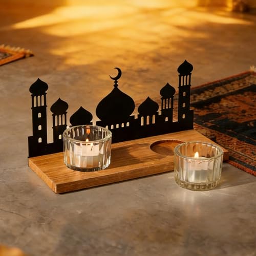 Wooden Ramadan Decorations for Home, Mosque Candle Holder with 2 Glass Tealight Votive Holders, Eid Mubarak Table Decor Centerpiece, Islamic Gifts for Ramadan Kareem, Muslim Home Decor