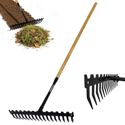 Garden Rake, 60" Wooden Handle with 17-Tine Metal Bow Rake, Secure Fit | Stop Back Pain! Rock Rake Heavy Duty for Loosening Soil,Leveling Gravel,Clearing Fallen Leaves,Removing Sod and Landscaping