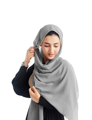 Hijab for Women Premium Chiffon Hijab Rhinestone Hijab Scraf for Women Muslim - color: Light Grey
