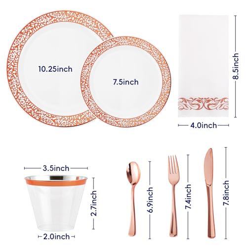 𝟮𝟭𝟬 Count Rose Gold Plastic Dinnerware Disposable Plates 30 Dinner & 30 Dessert Plates & 30 Cups & 30 Rose Gold Paper Napkins & 30 Plastic Silverware Set - color: Rose Gold