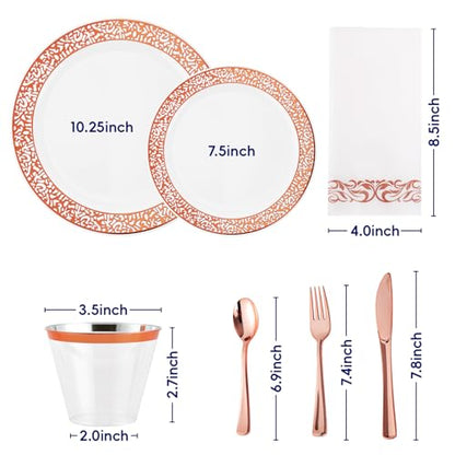 𝟮𝟭𝟬 Count Rose Gold Plastic Dinnerware Disposable Plates 30 Dinner & 30 Dessert Plates & 30 Cups & 30 Rose Gold Paper Napkins & 30 Plastic Silverware Set - color: Rose Gold