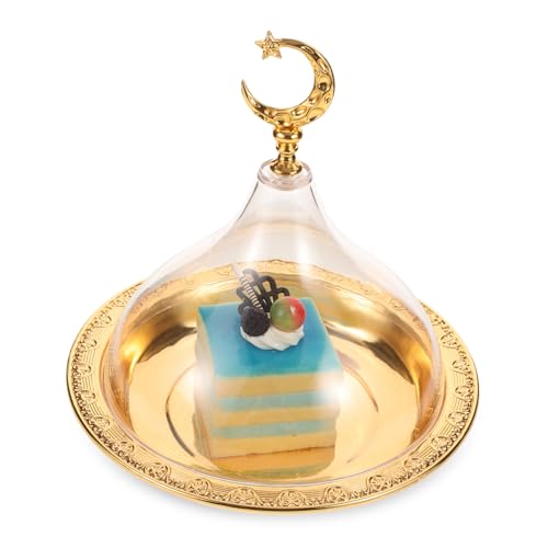 TIDTALEO 1 Set Dessert Plate eid Ramadan Food Tray Ramadan Food Plate Cake Serving Platter Snack Holder Cake Stand with Dome Serving Tray appertizer Salad Bowl with Cover Zinc Alloy