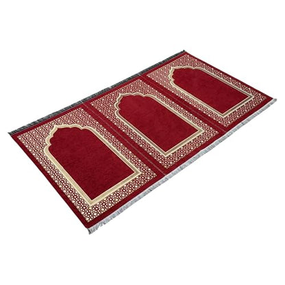 Modefa Muslim Thin Chenille Islamic Prayer Mat - Selcuk Star 3 Person (Red) - color: Red