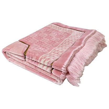 Modefa Turkish Islamic Velvet Prayer Rug - Thick & Wide Soft Praying Carpet for Men & Women - Double Plush Large Janamaz - Eid & Ramadan Gift - with Kufi, Beads & Car Hanger - Geometric Noor (Pink) - color: Pink