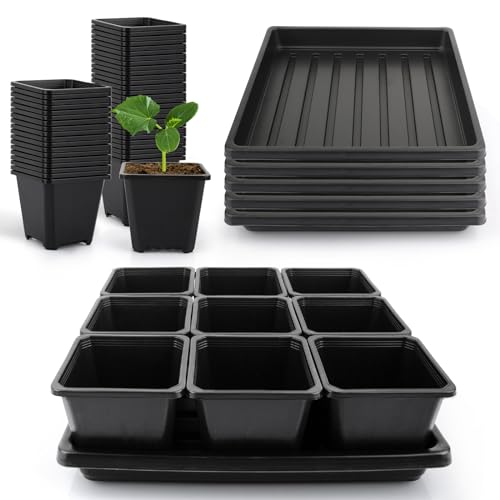 50Pcs 3.5inch Square Nursery Pots with 5Pcs Seed Starting Trays, Seed Starter Tray Kit, Seeds Starting Germination, Seeding Pots with Drain Holes, Small Plant Nursery Propagation - size: 3.5Inch