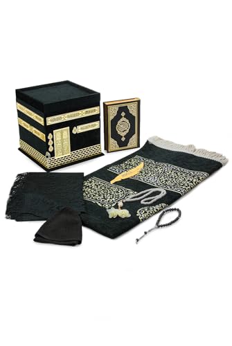 ihvan online Luxury Islamic Prayer Gift Box, Quran, 99 & 33 Pearly Beads Tesbih, Muslim Prayer Rug, Muslim Kufi Hats, Hijab, Set for Ramadan & Eid Gifts