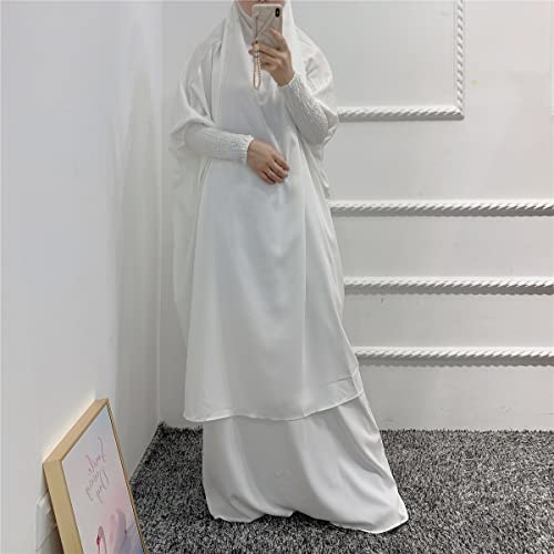 Women Muslim 2 Set Solid Color Plus Long Sleeve Thobe One-size Longuette Overall Abaya Thobe with Hoodied Hijab - color: White