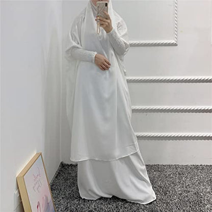 Women Muslim 2 Set Solid Color Plus Long Sleeve Thobe One-size Longuette Overall Abaya Thobe with Hoodied Hijab - color: White