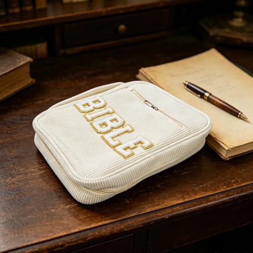 Bible Versatile Storage Carrying Case with Zippered Pocket Beige and Portable Carry Handle, Corduroy Material Bible Pouch with Dedicated Pen Slots for Temple Scriptures