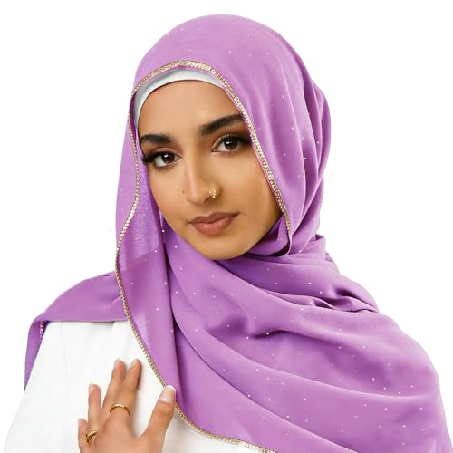 Hijab Scarf for Women Soft Chiffon Rhinestone Long Scarf Shawl Fashion Muslim Hijab Head Wrap Scarves - color: Light Purple