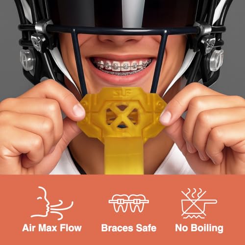 SLEEFS X Gold Football Mouth Guard - Lip/Mouthguard with Helmet Strap - Lip/Teeth Protector Mouthpiece - Moldable - for Youth/Adults, Men & Women Mouth Guard, Maximum Air Flow, Lacrosse, All Sports - color: Gold