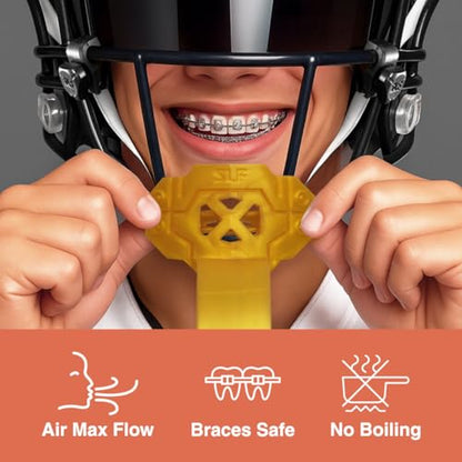 SLEEFS X Gold Football Mouth Guard - Lip/Mouthguard with Helmet Strap - Lip/Teeth Protector Mouthpiece - Moldable - for Youth/Adults, Men & Women Mouth Guard, Maximum Air Flow, Lacrosse, All Sports - color: Gold