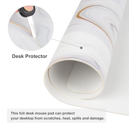 QiyI White Mouse Pad, Cute Marble Large Desk Mat, PU Leather Desk Protector Mousepad, Gold Grey Striped Waterproof Computer Keyboard Gaming Mouse Pads, Non Slip Extended Writing Pad 31.5" x 11.8" - color: Luxury Marble Ink, size: 31.5" x 11.8"