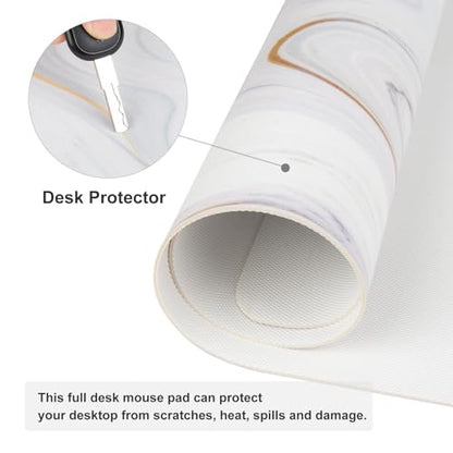 QiyI White Mouse Pad, Cute Marble Large Desk Mat, PU Leather Desk Protector Mousepad, Gold Grey Striped Waterproof Computer Keyboard Gaming Mouse Pads, Non Slip Extended Writing Pad 31.5" x 11.8" - color: Luxury Marble Ink, size: 31.5" x 11.8"