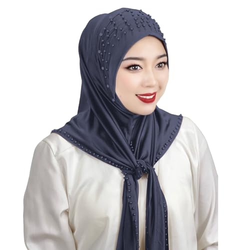 Suillty Women's Pearls Muslim Islam Instant Hijab Scarf Soft Turkish Headwear Jersey Headscarf Shawl Wrap - color: Light Purple