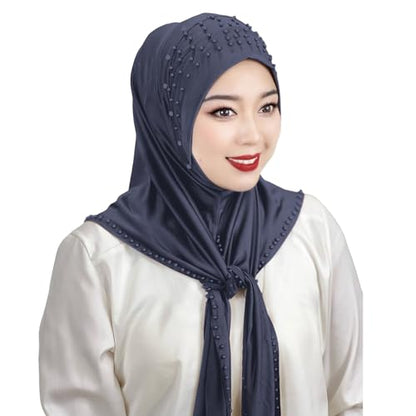 Suillty Women's Pearls Muslim Islam Instant Hijab Scarf Soft Turkish Headwear Jersey Headscarf Shawl Wrap - color: Light Purple