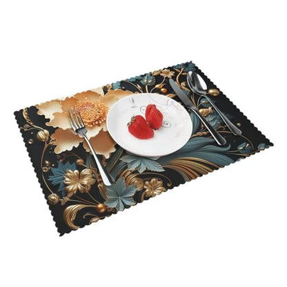 Placemats Set of 4 Heat Resistant Gold Flowers on Black Place mat for Dining Table Non-Slip Table Mats Desktop Protection Pad Washable Place Mats for Kitchen Dining Outdoor - color: Gold Flowers on Black