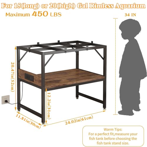 METYERRY Modern 15 Long Gallon Fish Tank Stand for Home Office, 2-Tier Aquarium Stand with Shelf for Storage, Fish Tank Table 24" x 12" x 21", Ideal for Breeder Tanks, and Reptile Terrariums, Rustic Brown