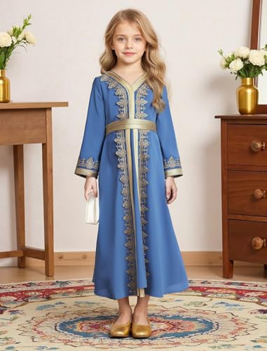 Muslim Dress for Kids Girls Abaya Middle East Ramadan Long Sleeve Lace Prayer Dress Arabic Kaftan with Belt - color: Blue, size: 10-11 Years