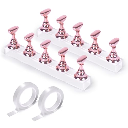 JUSTOTRY 2 Sets Pink Nail Painting Practice Stand With 1M Double-sided Tape Acrylic Fake Nail Art Holder For Press Ons Magnetic Nail Display Design Tools Kit Accessories For Home Diy Salon Supplies - color: Electroplated pink 2PCS