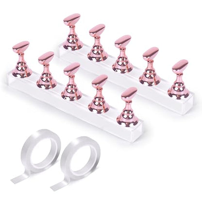 JUSTOTRY 2 Sets Pink Nail Painting Practice Stand With 1M Double-sided Tape Acrylic Fake Nail Art Holder For Press Ons Magnetic Nail Display Design Tools Kit Accessories For Home Diy Salon Supplies - color: Electroplated pink 2PCS
