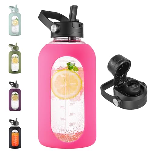 CIVAGO 64 oz Glass Water Bottle Jug with Detachable Straw and Time Maker | Half Gallon Motivational Large Flask Cup with Handle, Leakproof Lids, Wide Mouth, Silicone Sleeve, Tumbler for Juice, Camelia - color: Camelia, size: 64 Ounces