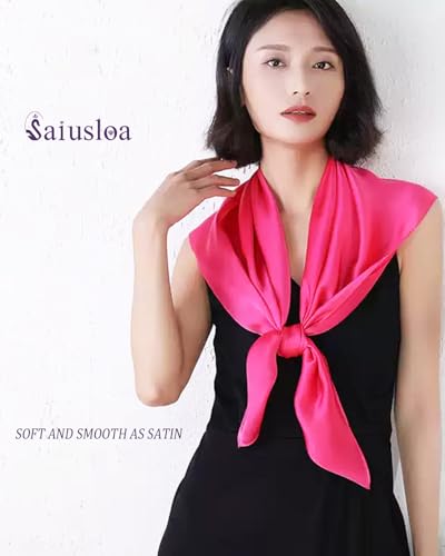 Saiusloa Solid Color Neck Scarf For Women Square Satin Head Scarves headband Bandanas 23.6× 23.6 inches - color: 16-rose Red