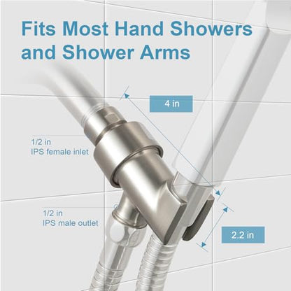OFFO Shower Head Holder All Metal for Handheld Shower Head, Brushed Nickel Adjustable Shower Arm Mount with Solid Brass Pivot Ball, 1/2 in IPS Female Inlet and Male Outlet - style: Brushed Nickel