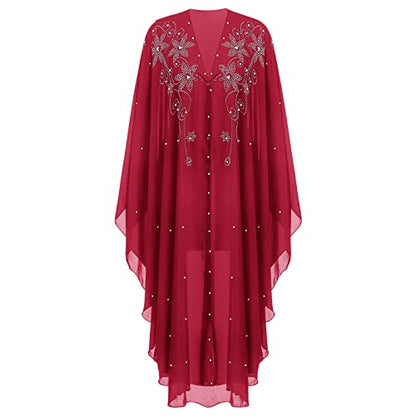 OBEEII Muslim Dress for Women Loose Batwing Sleeved Hooded Beaded Embroidery Long Abaya Dress Kaftan Abayas Islamic Robe - color: Bs02