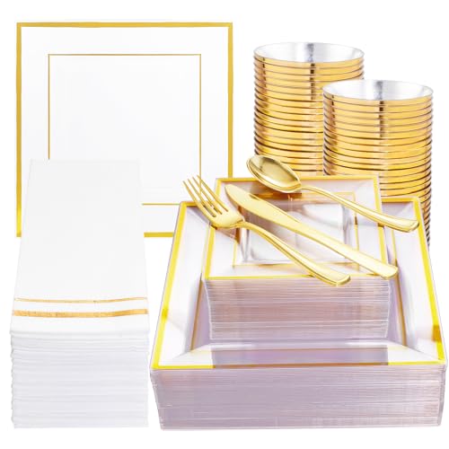 Festiva 350Pcs Clear Plastic Plates with Gold rim - Clear Gold Disposable Dinnerware for 50 Guests include Square Plastic Plates/Cups/Cutlery/Napkins Perfect for Birthday Party&Wedding - color: Square Clear Gold, size: 50 Guests