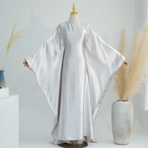Muslim Dress Women Abaya Elegant Satin Prayer Dress Batwing Long Sleeve with Hijab Arab Islamic Dubai Ramadan Robe - color: Light Gray