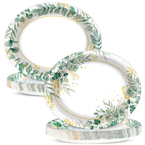 Qyeahkj 세이지 그린 타원형 종이 접시 50개, 대형 27.9cm(11인치) 일회용 유칼립투스 파티 장식, 세이지 그린 용품, 휴일 브라이덜 샤워 파티 식기 세트 - style: 유칼립투스