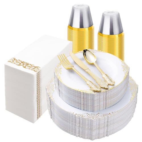 Bestluck 350PCS White and Gold Plastic Plates for 50 Guests, Disposable Dinnerware Set Includes 100 Disposable Plates, 150 Gold Silverware, 50 Cups, 50 Napkins for Party, Wedding - color: Gold, size: 50 Guests