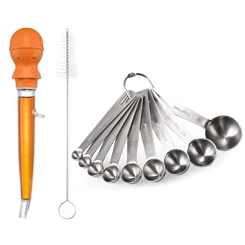 U-Taste 228.2℉ Heat Resistant 1.5 oz Angled Turkey Baster for Cooking Basting Meat (Orange), and 18/8 Stainless Steel Measuring Spoons Set of 9 for Dry and Liquid Ingredients