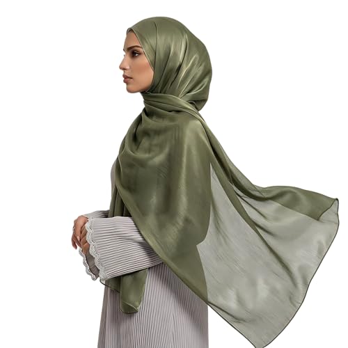 Organza Sheen Shimmer Crepe Hijab Scarf for Women Lightweight Sheer Shawl Wrap for Wedding and Evening Dresses - color: Olive Green