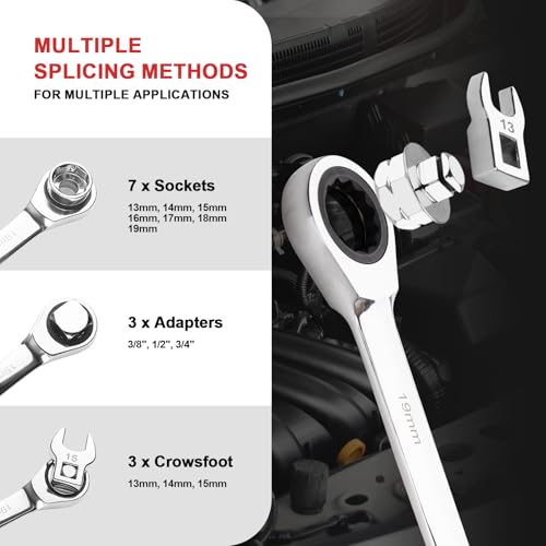 15PCS Serpentine Belt Tool Kit for Belt Removal & Installation | Professional Serpentine Belt Tensioner Tool Kit with Ratcheting Wrench, 13-19mm Sockets, Crowfoot Wrenches, CR-V Steel