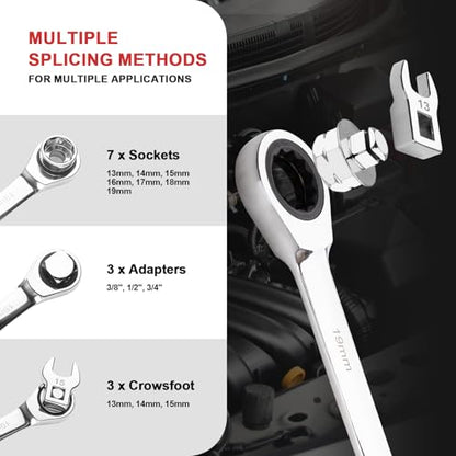 15PCS Serpentine Belt Tool Kit for Belt Removal & Installation | Professional Serpentine Belt Tensioner Tool Kit with Ratcheting Wrench, 13-19mm Sockets, Crowfoot Wrenches, CR-V Steel