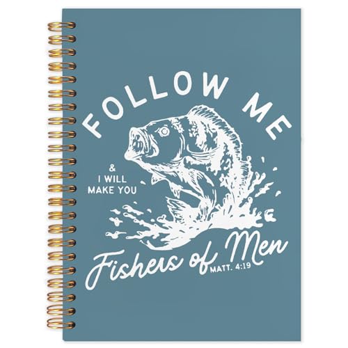 WUCHJ Lake Blue Retro Fish Christian Notebook, Matthew 4:19 Bible Verse Journal, Religious Scripture Spiral Notebook Journal for Note Taking, Christian Faith Based Gifts for Women Men, 5.5x8.3 Inch - color: lake blue fish follow me