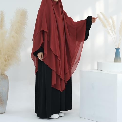 SYANKANGXIAO Ramadan Eid Khimar Abaya Turkey Islam Muslim Chiffon 2 Layers Long Hijab Dress Prayer for Women Full Cover Robe - color: Rust Red