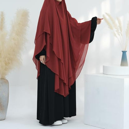 SYANKANGXIAO Ramadan Eid Khimar Abaya Turkey Islam Muslim Chiffon 2 Layers Long Hijab Dress Prayer for Women Full Cover Robe - color: Rust Red