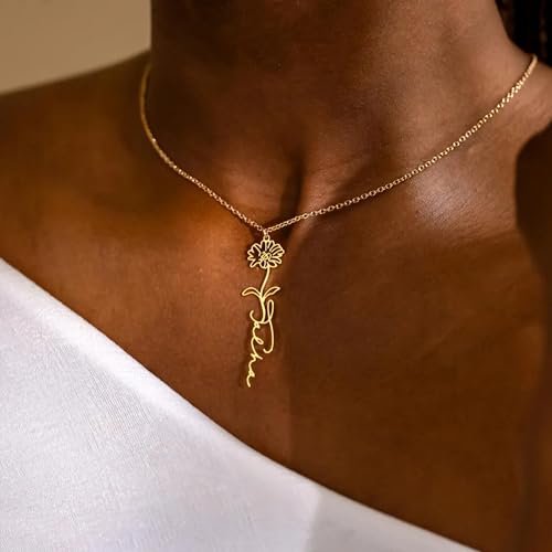Elemtansy Custom Name Necklace with Birth Flower, Personalized Jewelry Necklaces for Women, 18K Gold Name Plate Necklaces Personalized Mothers Day Birthday Gifts for Women Sister Best Friend - color: 1-Name with Birth flower