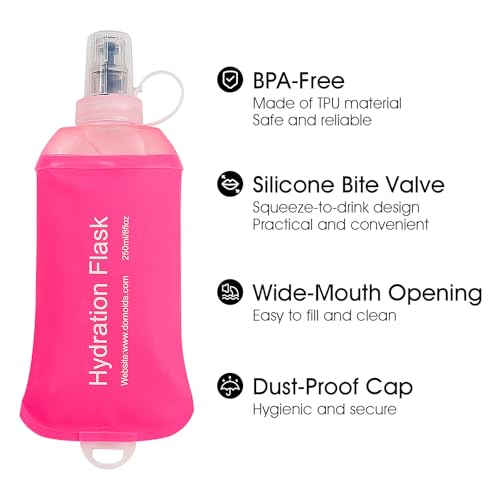 GUYI GYGYL Soft Flask, TPU Collapsible Soft Water Bottle for Hydration Pack, Running Vest, Leak-Proof Folding Water Bottle for Hiking Cycling Climbing Jogging-250ml Pink - color: 250ml Pink
