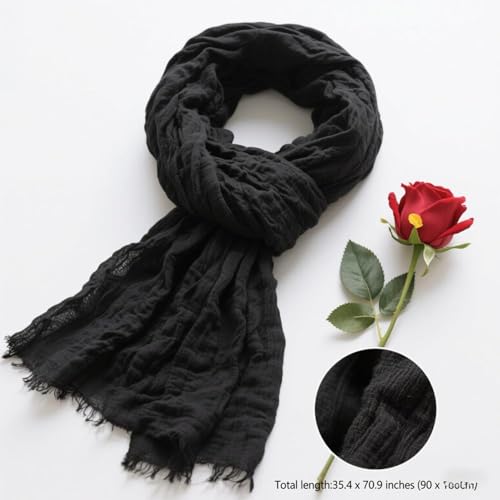 Nydotd Women Summer Cotton Linen Scarf Crinkle Long Beach Shawl Wrap hijab with Fringe - color: Black