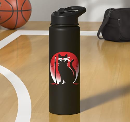 Japanese Cats Lovers Retro Cool Fighting Ninja Cat Fighter Stainless Steel Insulated Water Bottle - color: Black