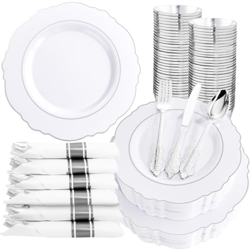 Liacere 350PCS Silver Plastic Plates-Disposable White and Silver Plates 50guest Baroque Plastic Dinnerware Set include 100Plates, 50Pack Pre Rolled Napkins with Silverware 50Cups Perfect for Wedding - color: Silver