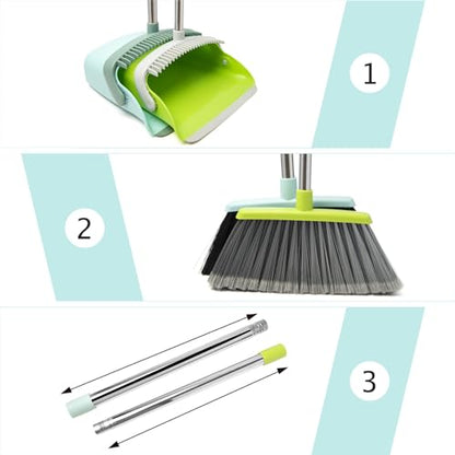 Broom and Dustpan Combo Set,55" Long Handle,Green | Heavy Dust,Dustpans with Broom Combo,House Accessories for Home, Kitchen,Office,Classroom,Apartment,Pet Hair - color: Green