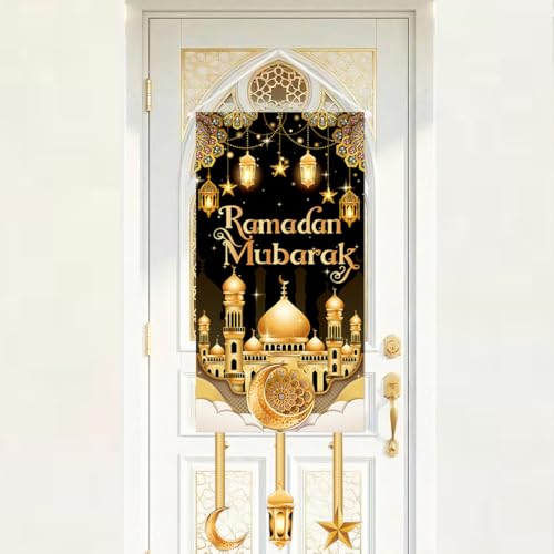 DPKOW Ramadan Mubarak Door Banner Ramadan Decorations, 86x33cm Fabric Black Gold Hanging Door Sign Decor RAMADAN Wall Decorations Indoor Outdoor Decor زينه رمضان - color: Black, Gold